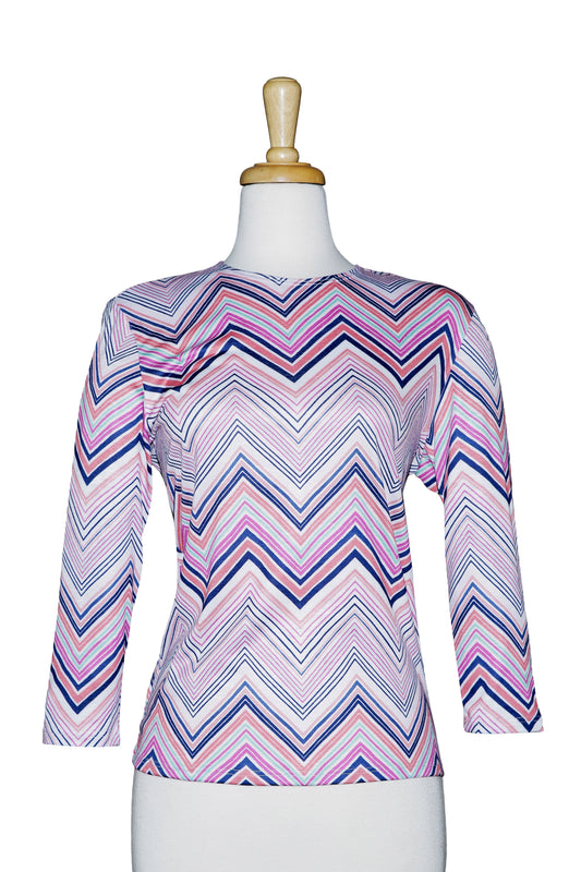 Shades Of Pink, And Blue Zig Zag 3/4 Sleeve  Cotton Top