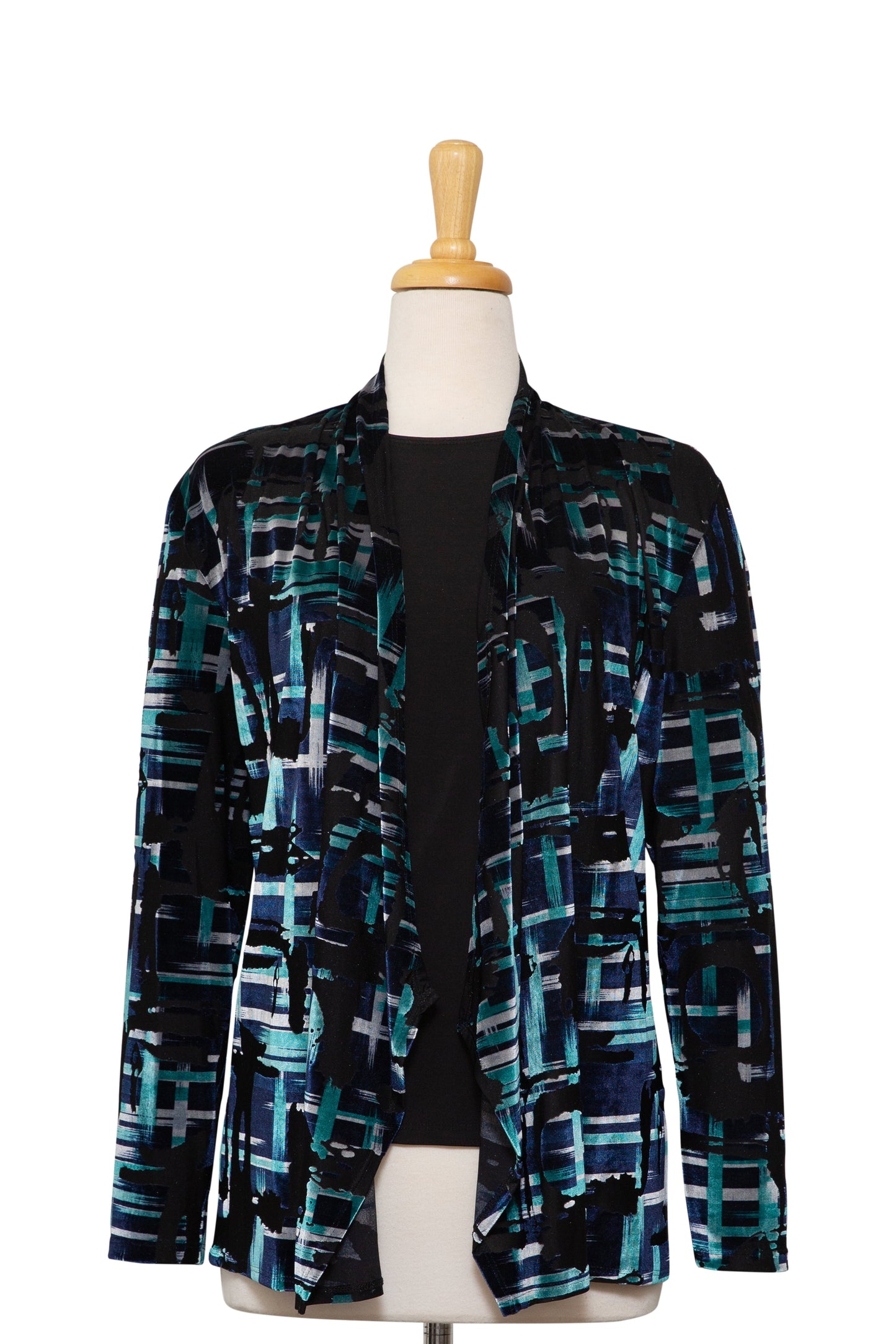 Two Piece Black, Blue and Aqua Abstract Cut Velvet Shawl Collar Jacket With Black Long Sleeve Microfiber Top