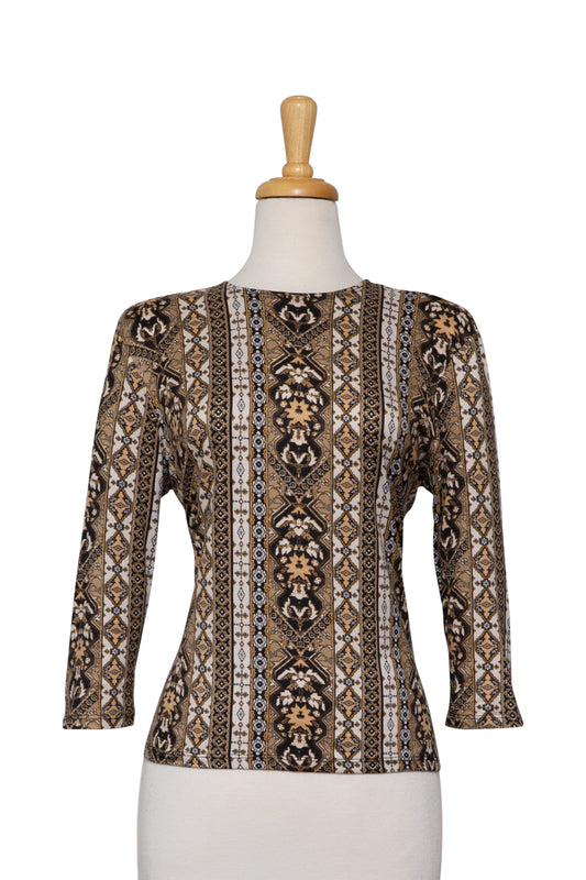 Tan, Black and Creme Display of Emblems Cotton 3/4 Sleeve Top