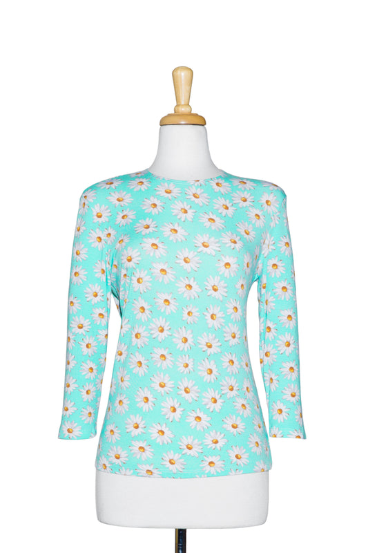 Plus Size Seafoam and White Daisies 3/4 Sleeve  Cotton Top