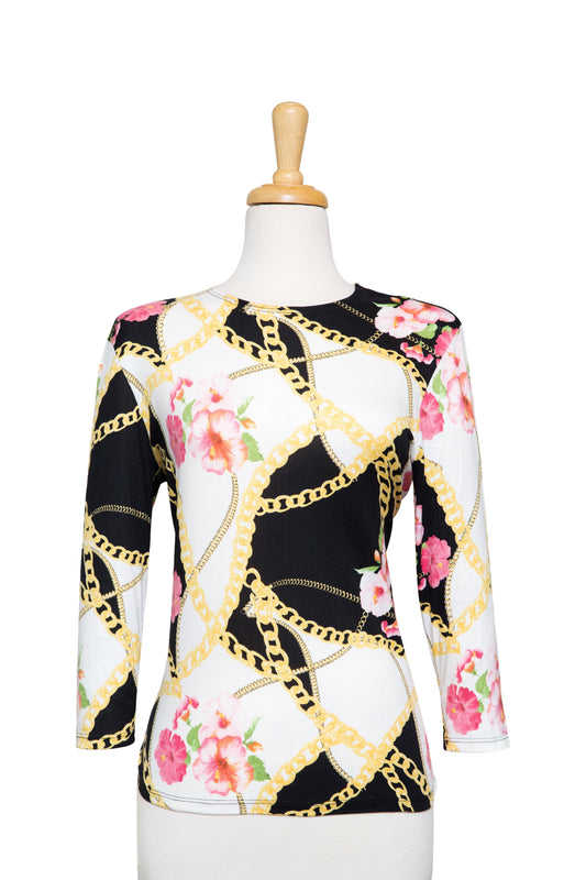 Black and Yellow Chains Floral Cotton 3/4 Sleeve Top