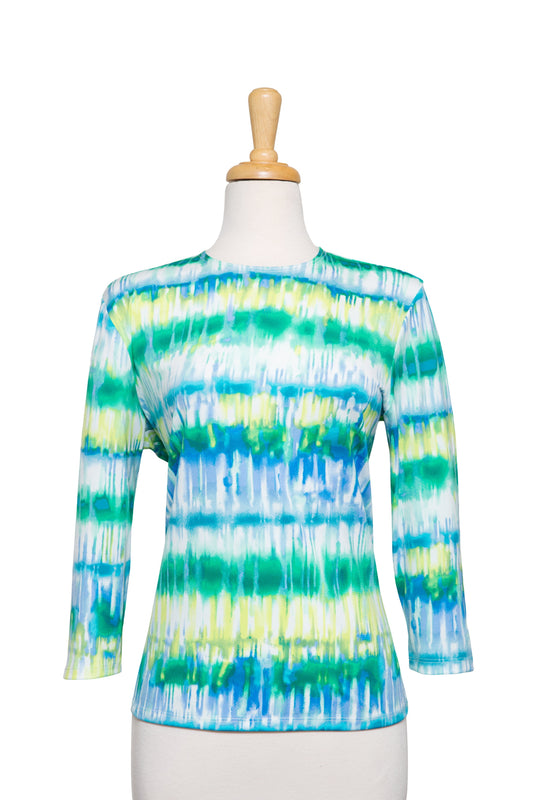 Shades of Blue, Green and Yellow Paintbrush Cotton 3/4 Sleeve Top