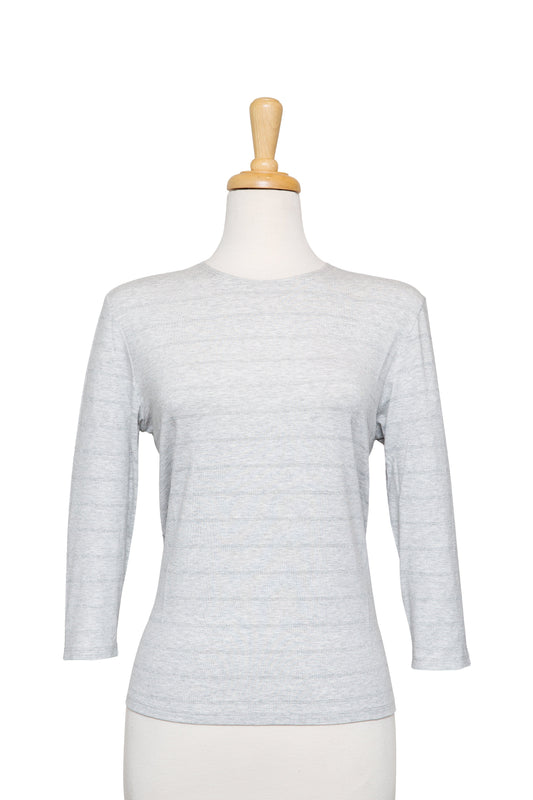 Plus Size Heather Grey and Silver Metallic Striped Cotton 3/4 Sleeve Top