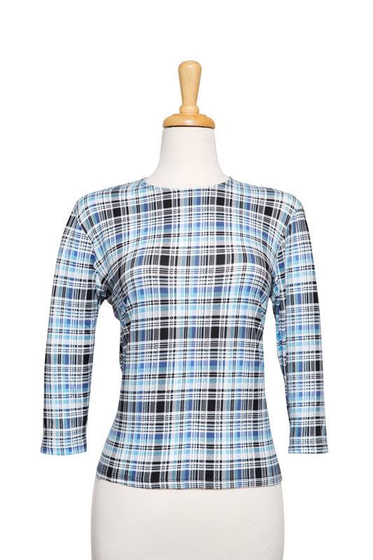Blue, Black and White Plaid Cotton 3/4 Sleeve Top