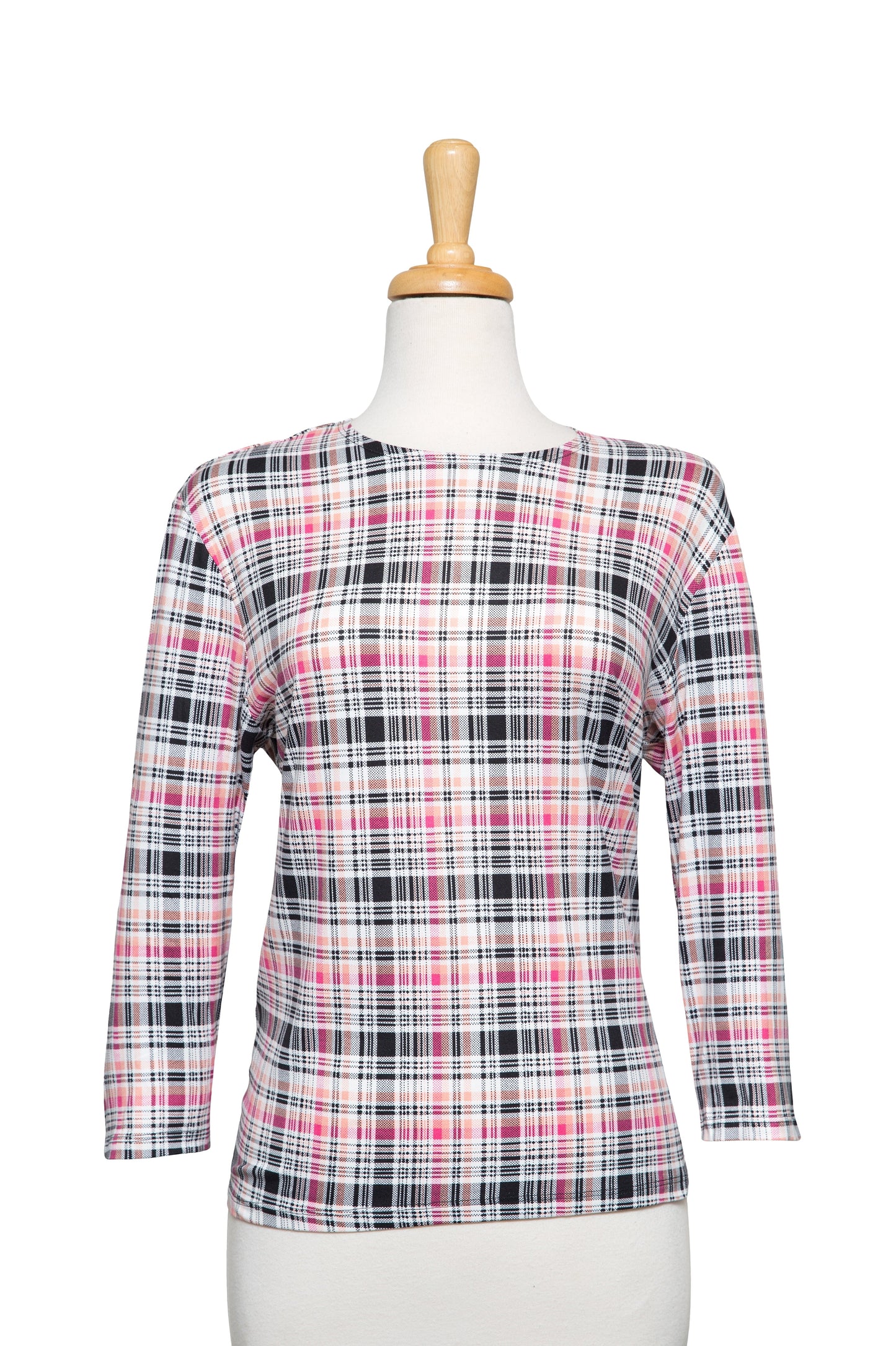 Pink, Black and White Plaid Cotton 3/4 Sleeve Top