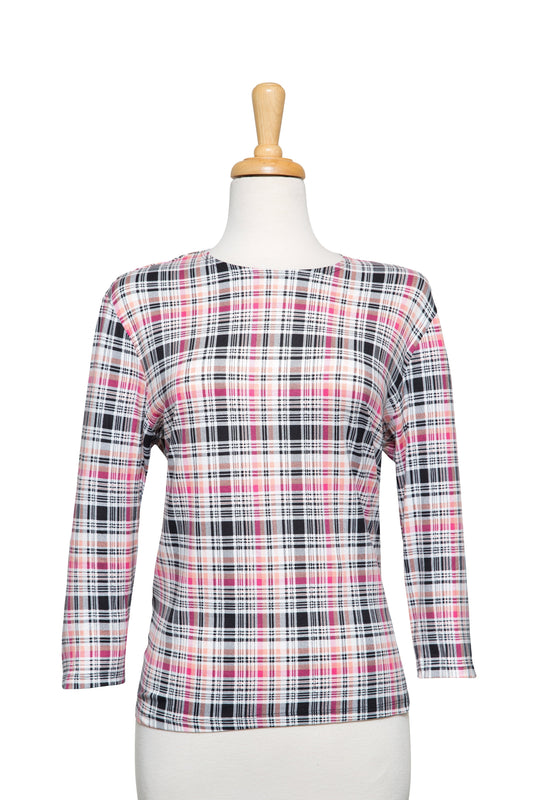 Plus Size Pink, Black, and White Plaid Cotton 3/4 Sleeve Top