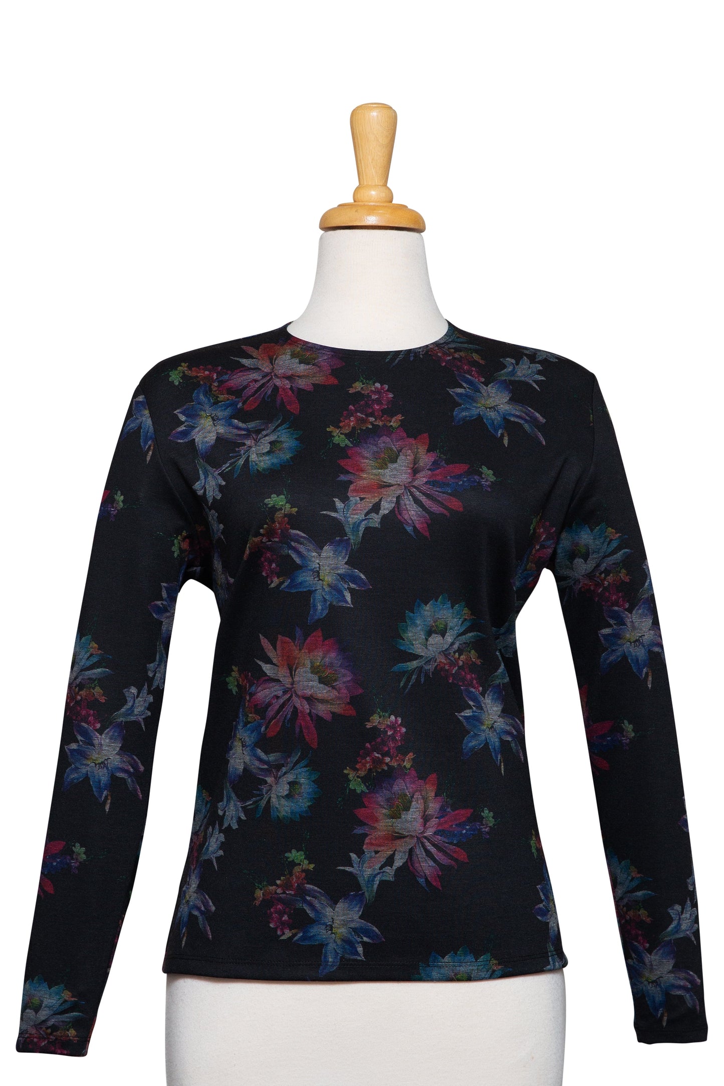 Plus Size Black, Crimson and Shades of Blue Floral Long Sleeve Ponte Knit Top