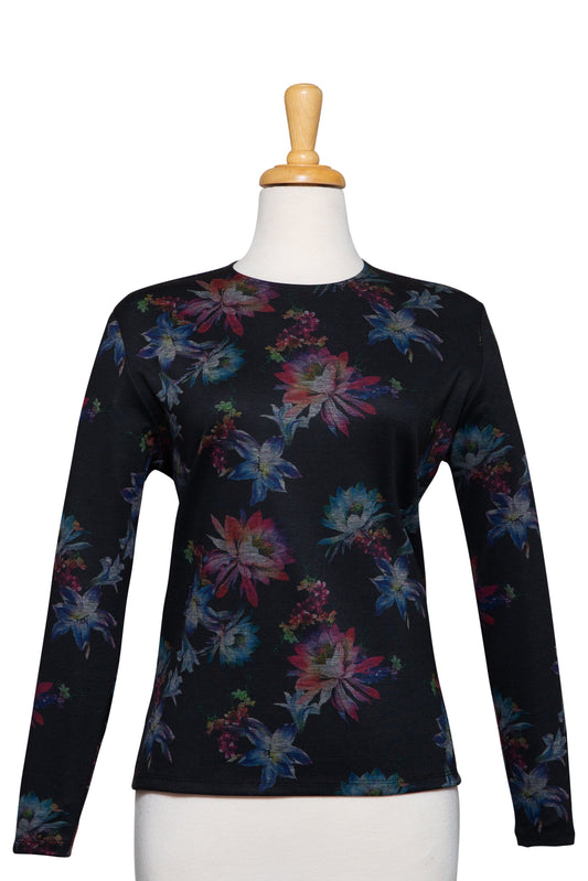 Plus Size Black, Crimson and Shades of Blue Floral Long Sleeve Ponte Knit Top