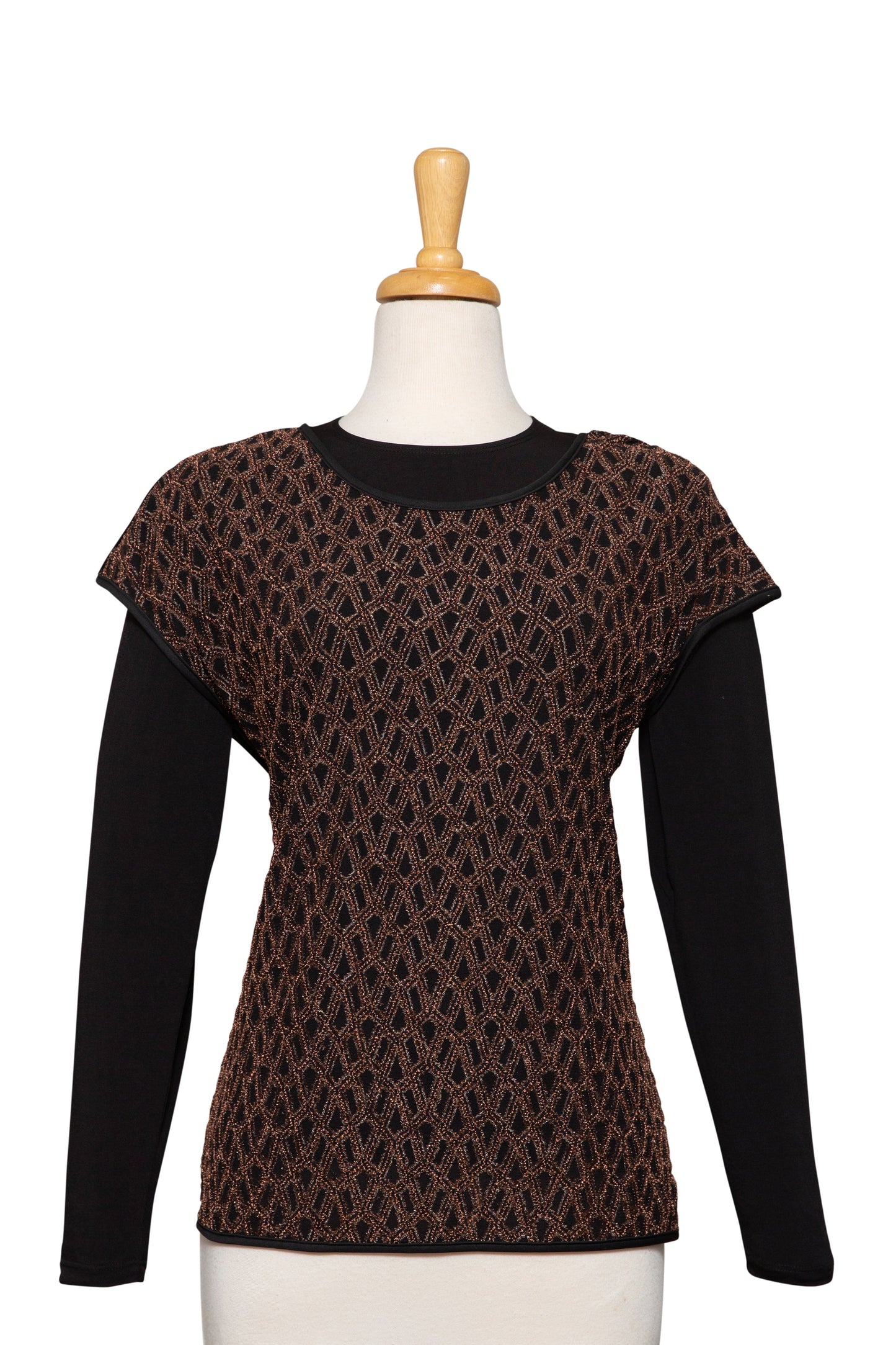 Black and Rust Geometric Lace-Like Textured Short Sleeve With Black Long Sleeve Microfiber Top