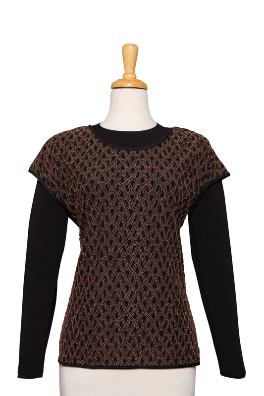 Black and Rust Geometric Lace-Like Textured Short Sleeve With Black Long Sleeve Microfiber Top
