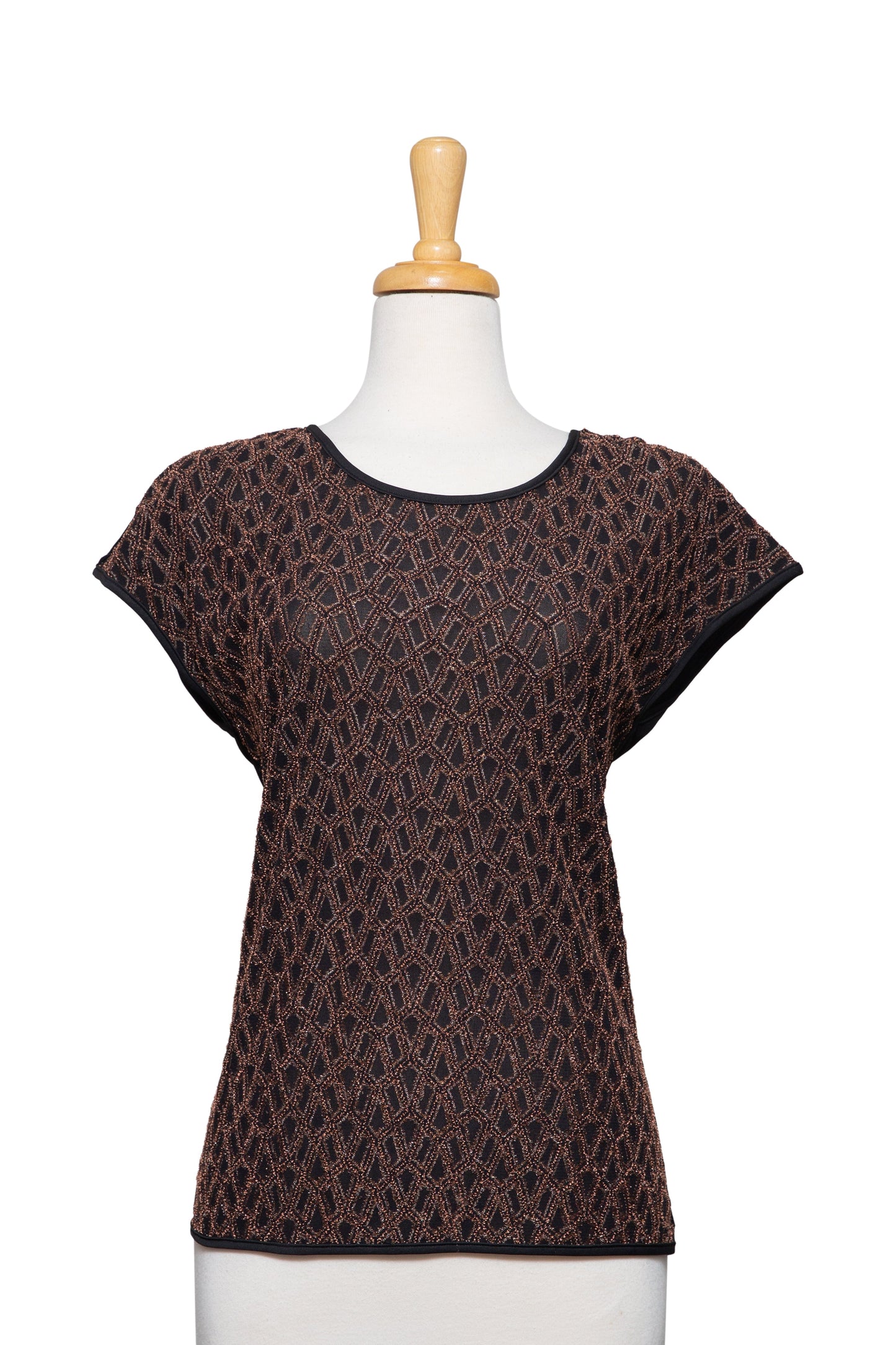 Plus Size Black and Rust Geometric Lace-Like Textured Short Sleeve Top