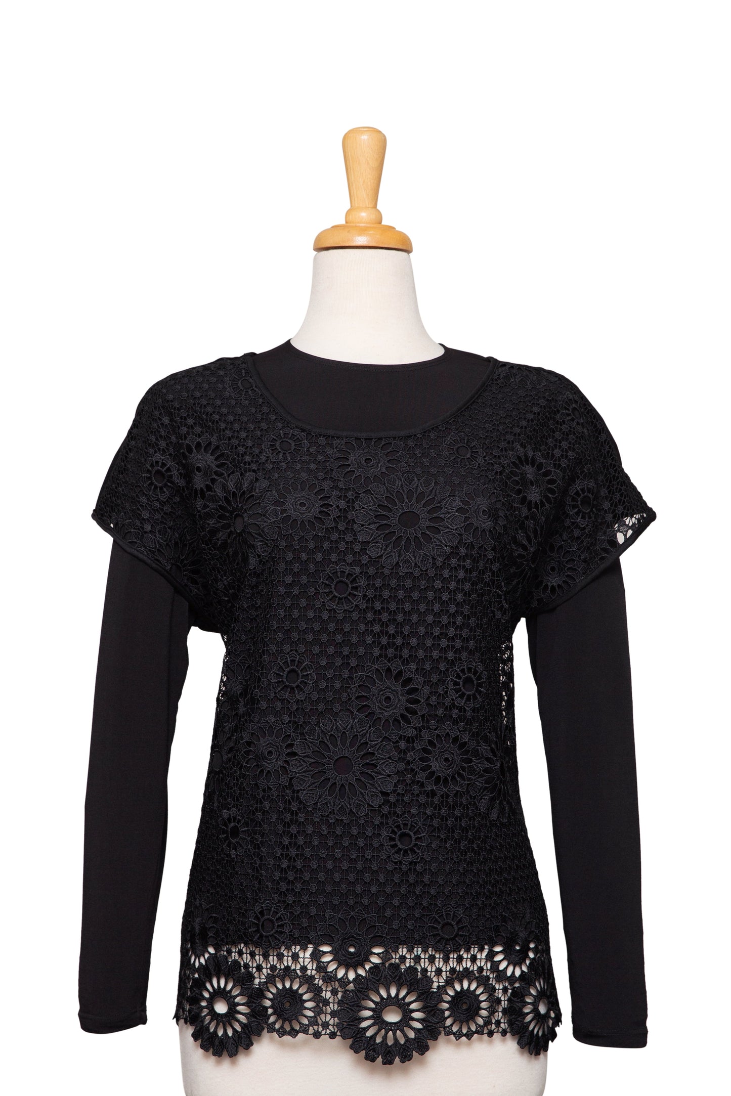 Black Floral Lace Short Sleeve Top ,Solid Black Back, With Black Long Sleeve Microfiber Top