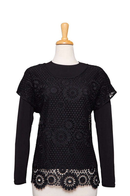 Black Floral Lace Short Sleeve Top ,Solid Black Back, With Black Long Sleeve Microfiber Top