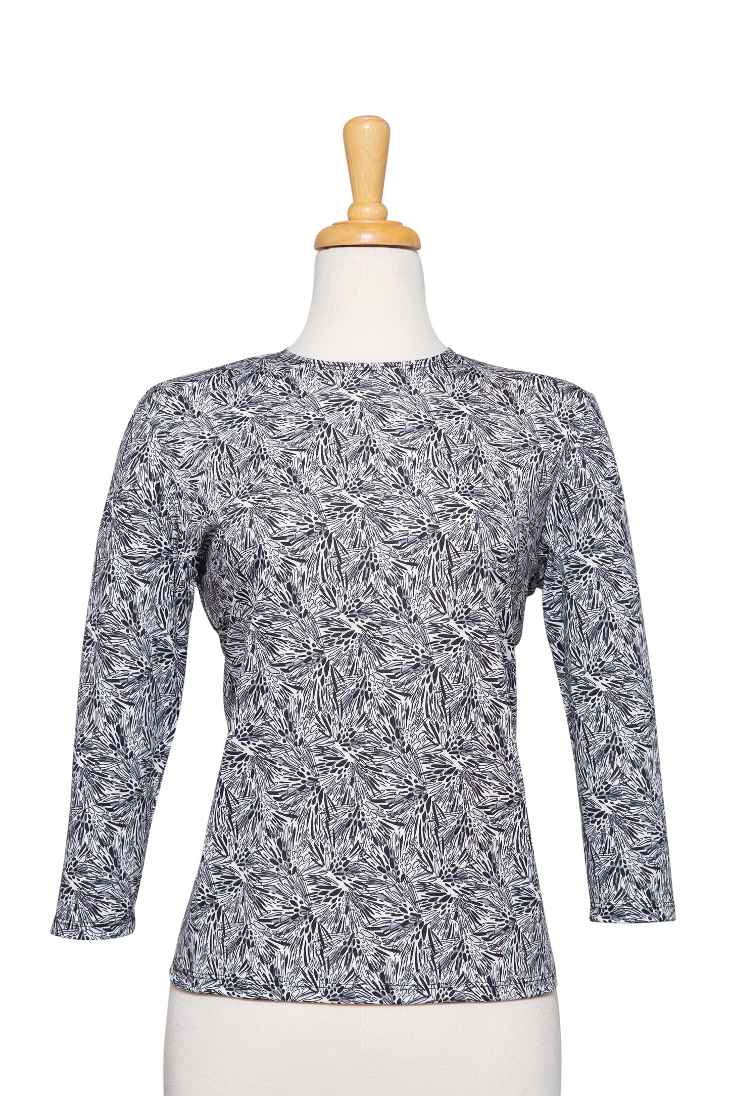 White, Black and Grey Abstract Floral Microfiber 3/4 Sleeve Top