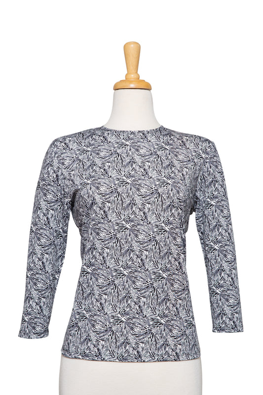 White, Black and Grey Abstract Floral Microfiber 3/4 Sleeve Top