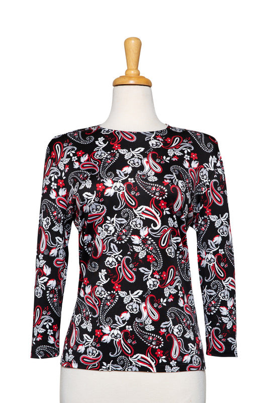 Black, Red and White Paisley Textured Print Microfiber 3/4 Sleeve Top
