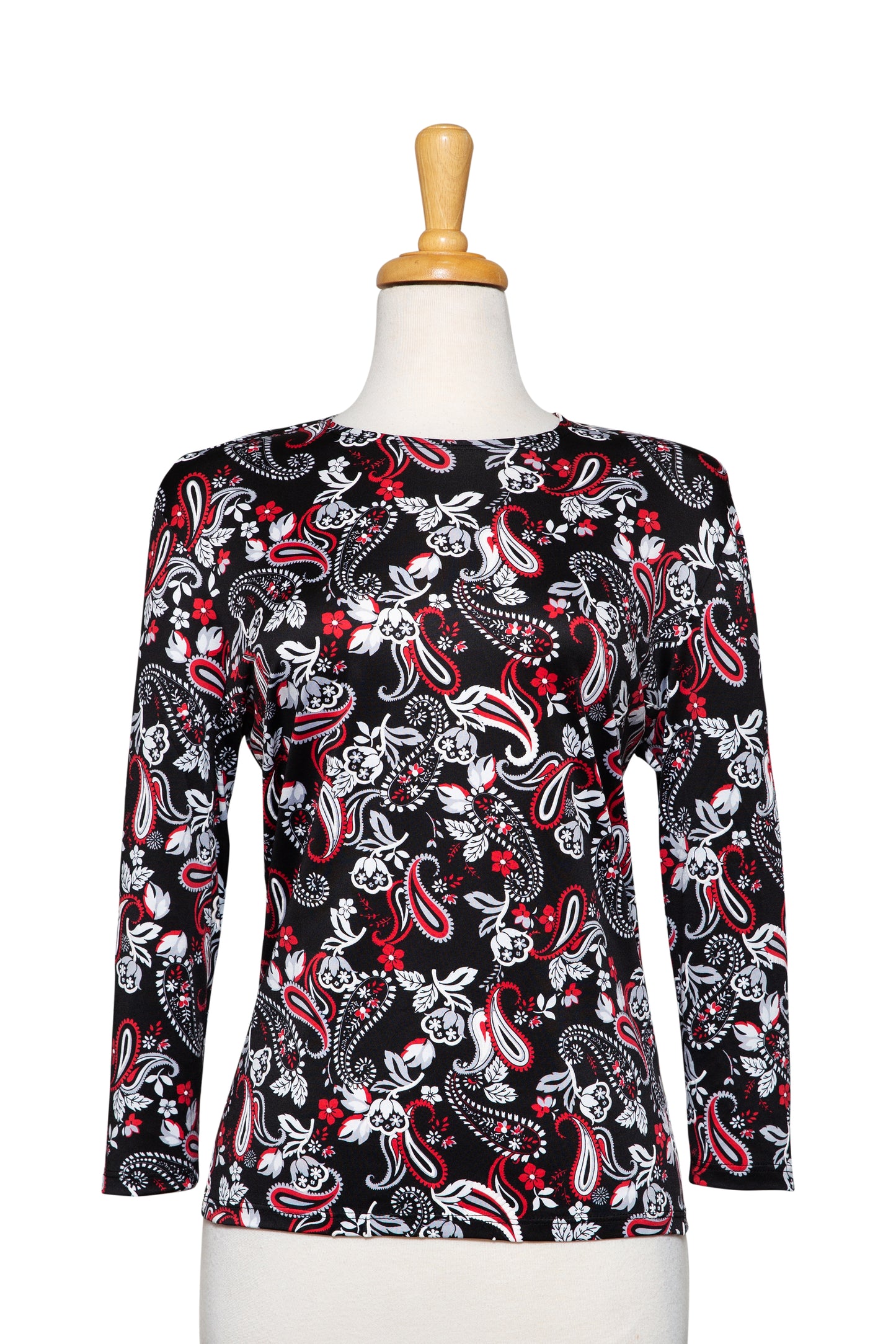 Plus Size Black, Red and White Paisley Textured Print Microfiber 3/4 Sleeve ToP