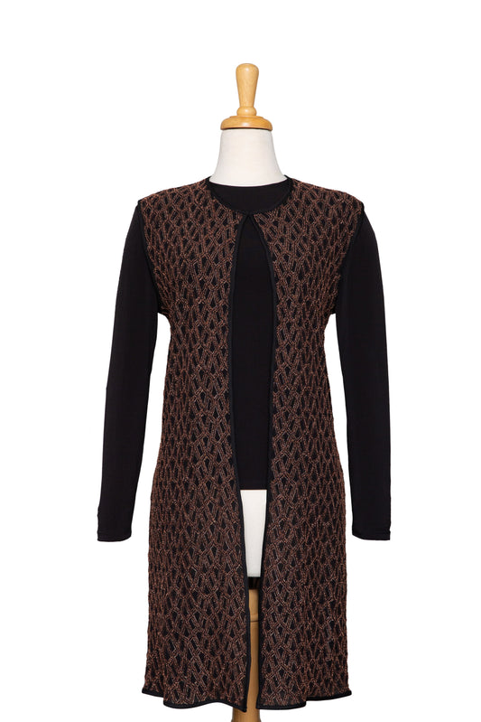 Black and Rust Geometric Lace-Like Textured 3/4 Length Vest With Black Long Sleeve Microfiber Top