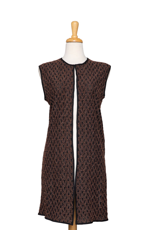 Black and Rust Geometric Lace-Like Textured 3/4 Length Vest