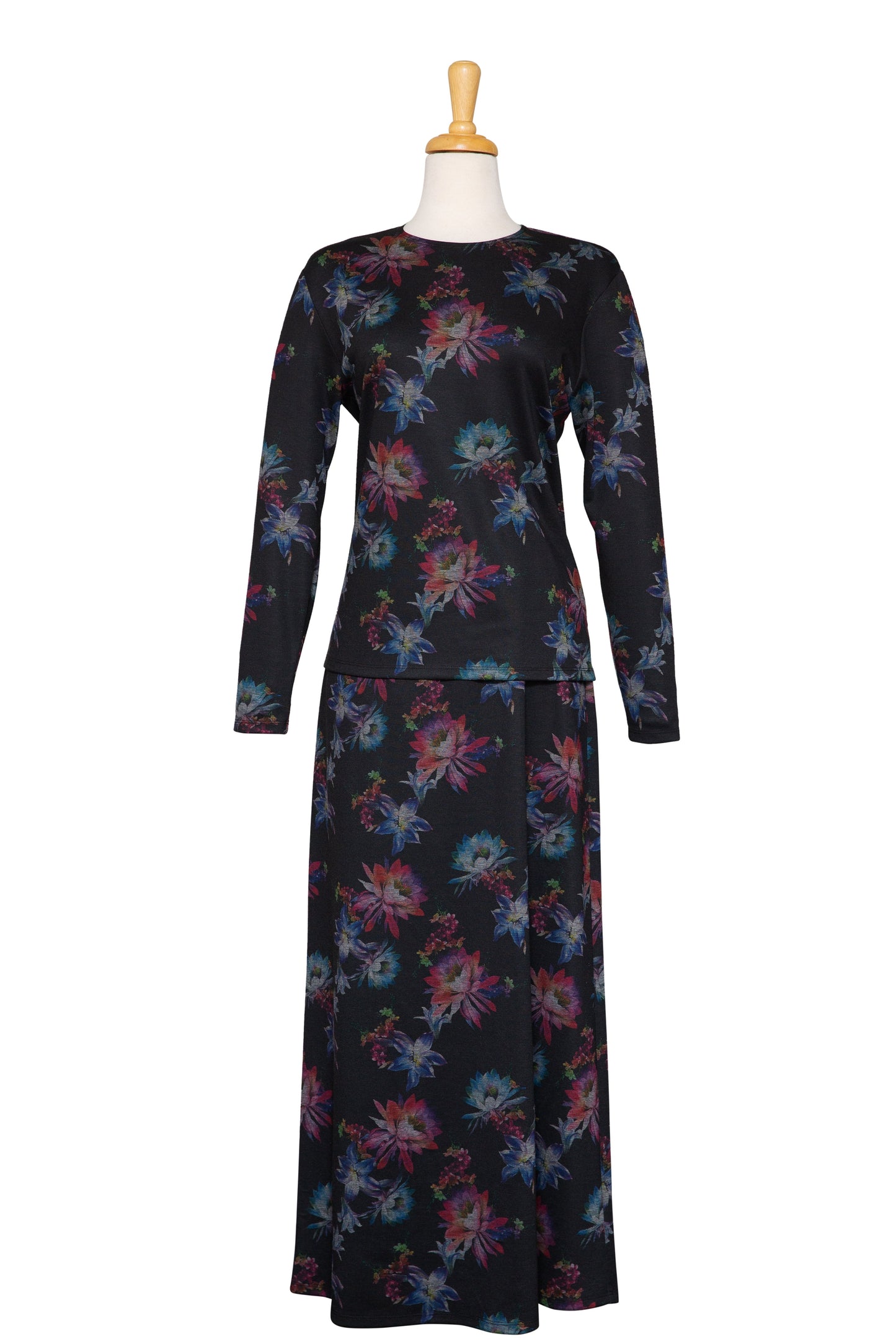 Plus Size 2Pc. Black, Crimson and Shades of Blue Floral Long Sleeve Ponte Knit Top With Long Skirt