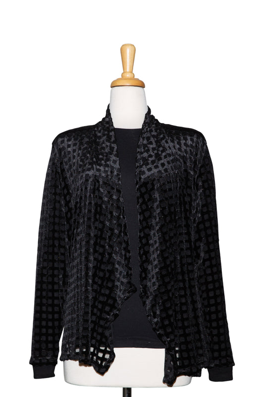 Two Piece Black Cut Velvet Squares Shawl Collar Jacket With Black Long Sleeve Microfiber Top