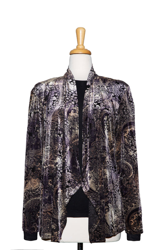 Two Piece Black and Gold Floral Paisley Burnout Velvet Shawl Collar Jacket With Black Long Sleeve Microfiber Top