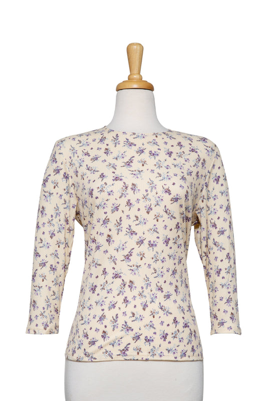 Plus Size Cream and Purple Ribbed Mini Floral Cotton 3/4 Sleeve Top