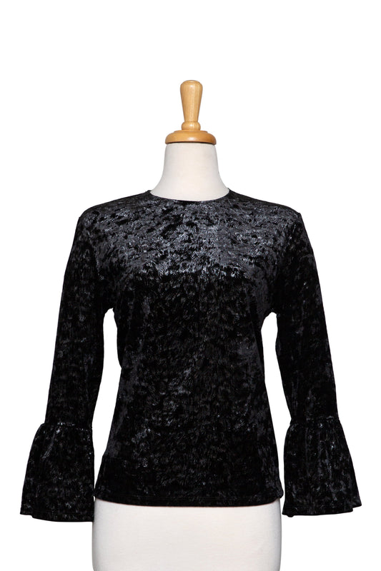 Plus Size Black Velvet With Silver Metallic  Bell Sleeve Top