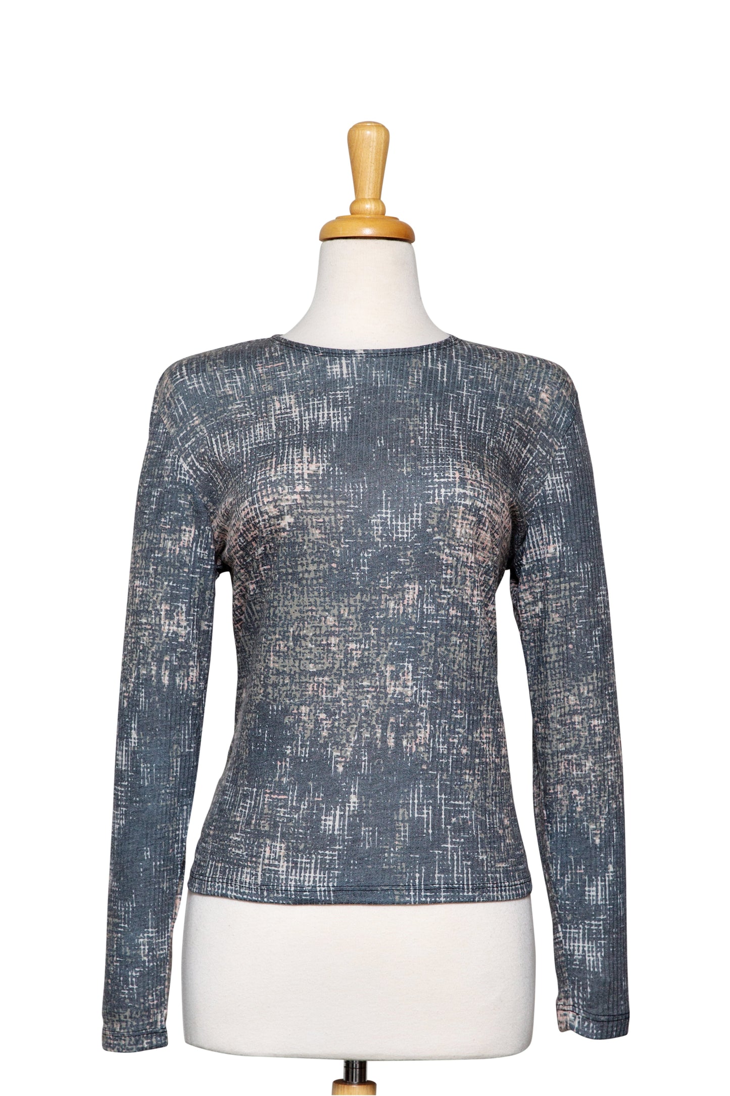 Plus Size Grey Ribbed With Splash of Peach Cotton Long Sleeve Top