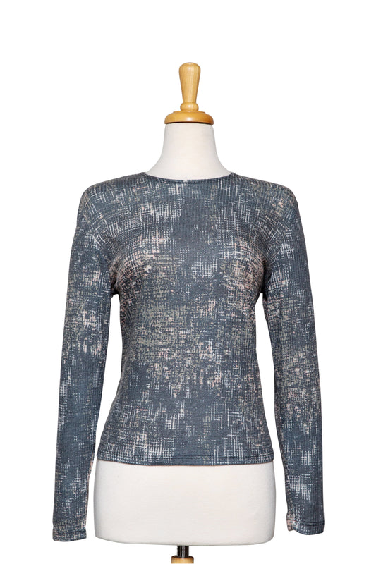 Plus Size Grey Ribbed With Splash of Peach Cotton Long Sleeve Top