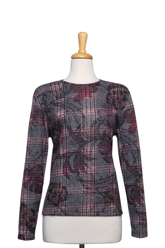 Plus Size Coral and Black Plaid Floral Long Sleeve Knit Top