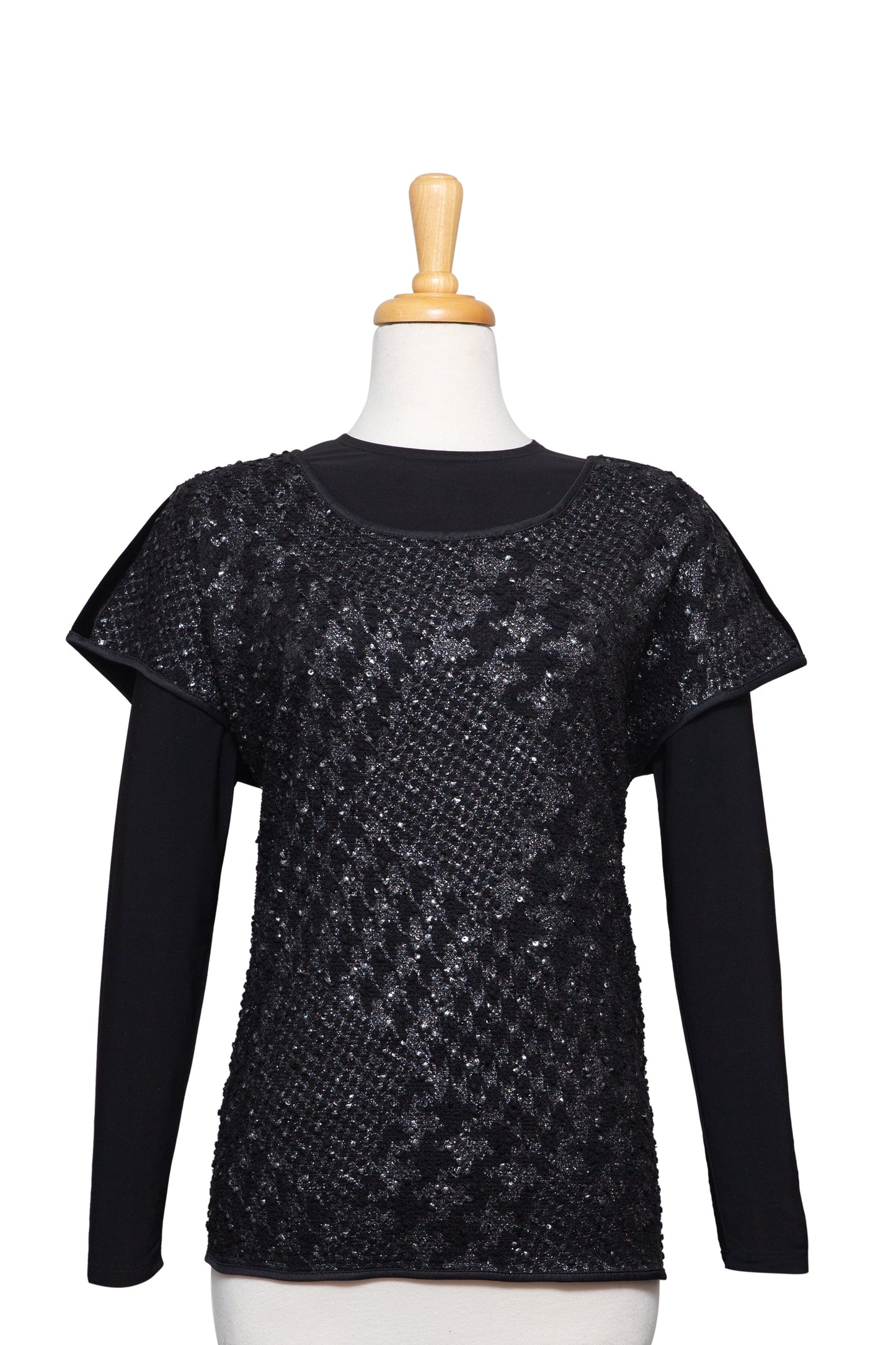 Plus Size Black and Silver Metallic Boucle Knit Short Sleeve, With Black Long Sleeve Microfiber Top