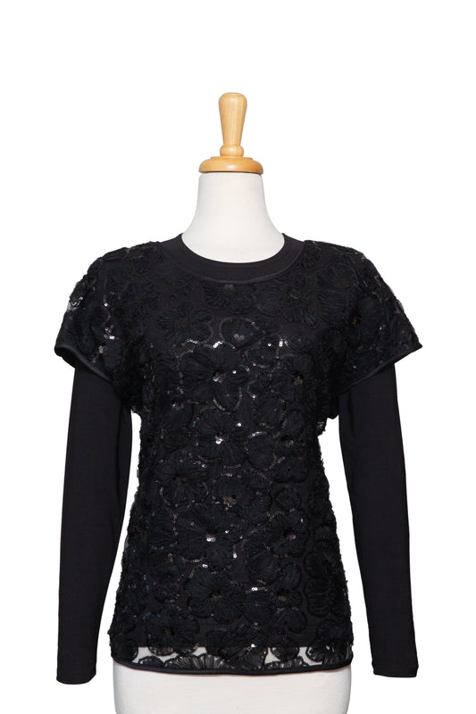 Plus Size Black Organza Floral Sequins Lace Short Sleeve, With Black Long Sleeve Microfiber Top