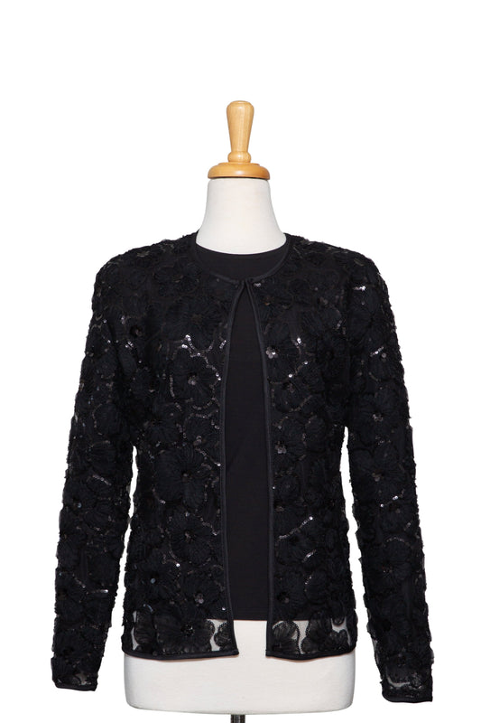 Plus Size Two Piece Black Organza Floral Sequins Lace Jacket With Black Long Sleeve Top