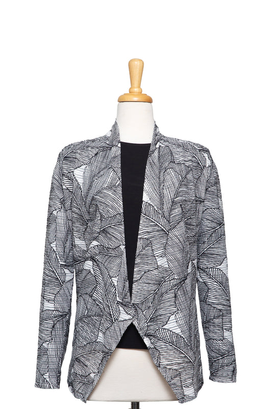 Plus Size Two Piece White and Black Leaves Textured Shawl Collar Jacket With Black Long Sleeve Microfiber Top