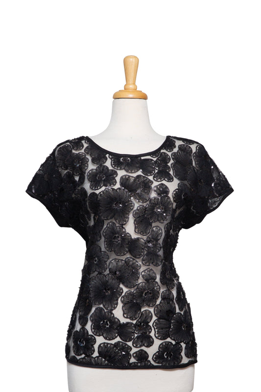 Plus Size Black Organza Floral Sequins Lace Short Sleeve Top