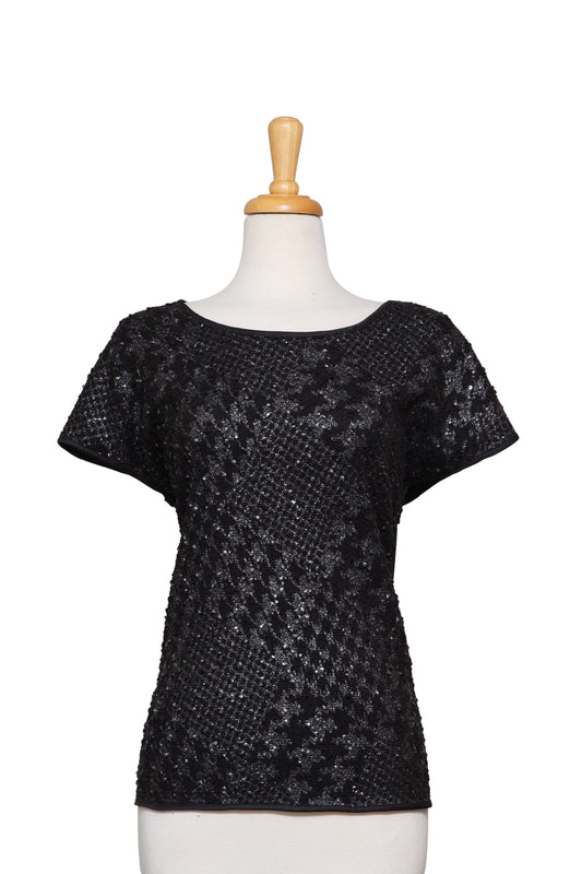 Plus Size Black and Silver Metallic Boucle Knit Short Sleeve Top