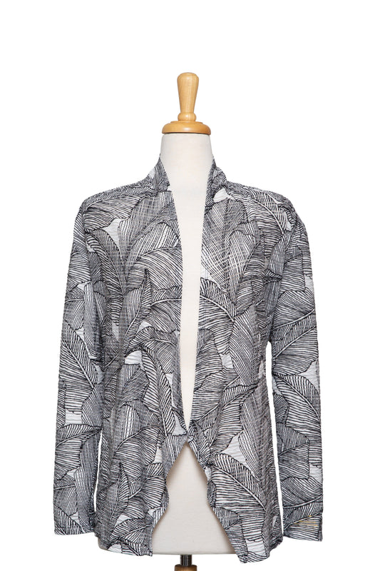 Plus Size White and Black Leaves Textured Shawl Collar Jacket