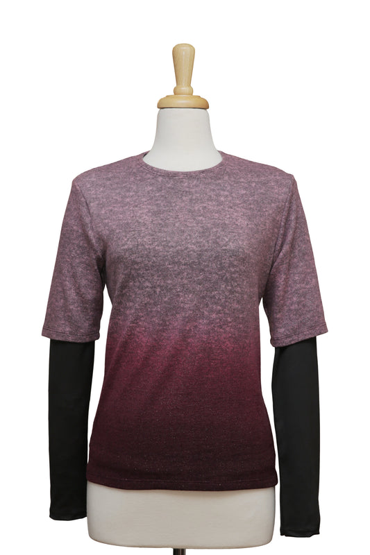 Plus Size Burgundy Ombre Short Sleeve With Black Long Sleeve Top