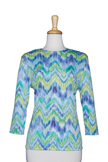 Shades Of Blue and Yellow Zig Zag Microfiber 3/4 Sleeve Top