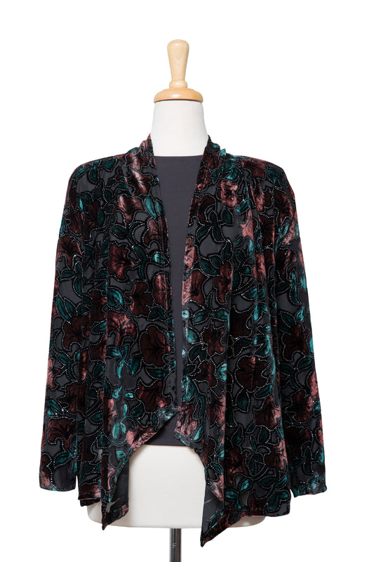 Two Piece Rust and Teal Floral Cut Velvet With Silver Metallic Shawl Collar Set