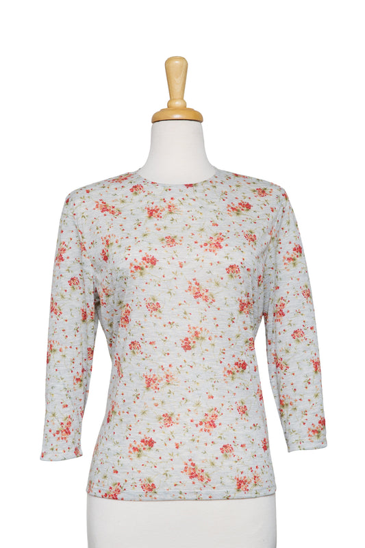 Heather Grey Mini Red Floral Bouquets Cotton 3/4 Sleeve Top