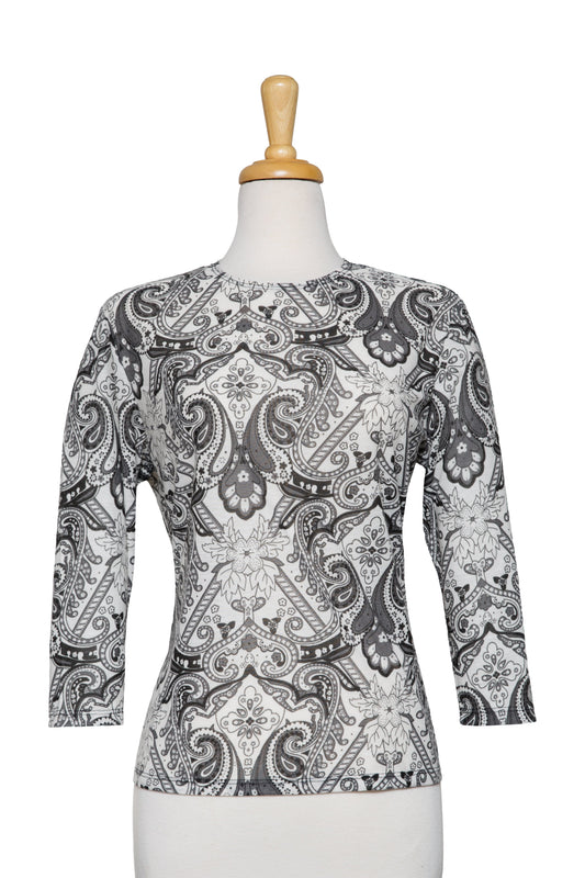 Plus Size Grey and Ivory Paisley Cotton 3/4 Sleeve Top