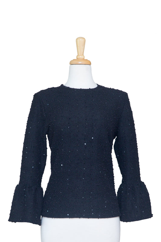 Black Sequins Boucle  Bell Sleeve Top