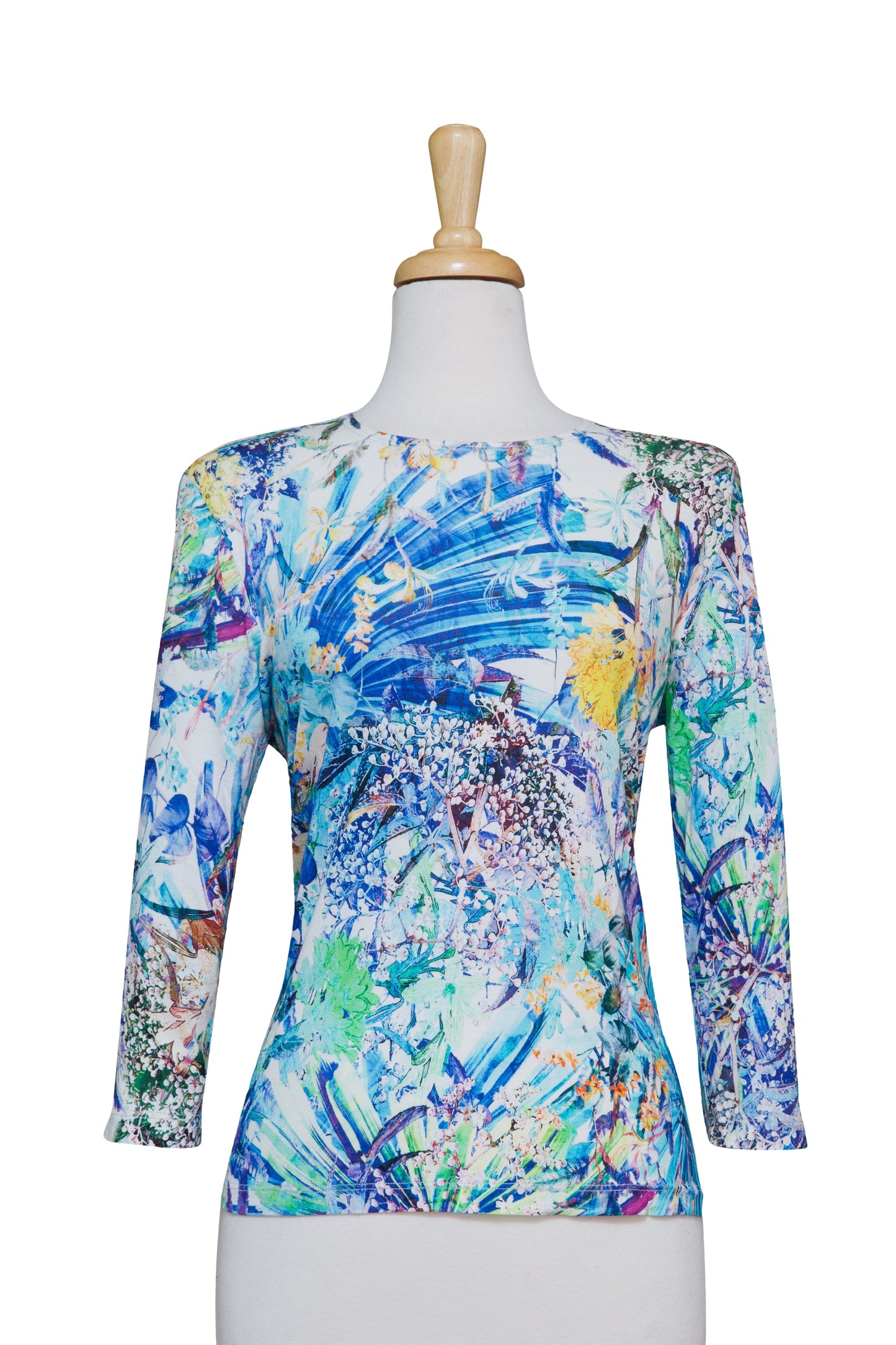 Shades of Blue Floral Fireworks Display 3/4 Sleeve  Cotton Top