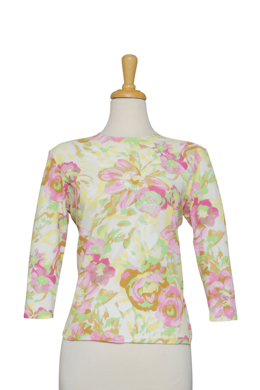 Plus Size Butter, Pink and Green Pastel Floral Cotton 3/4 Sleeve Top