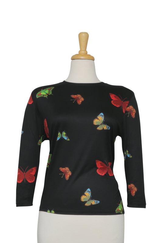 Plus Size Black and Multi Color Butterflies Cotton 3/4 Sleeve Top