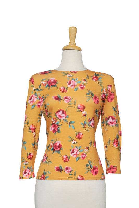 Plus Size Mustard and Rose Floral Cotton 3/4 Sleeve Top