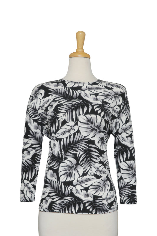 Black and Grey Tropical Leaves Microfiber 3/4 Sleeve Top