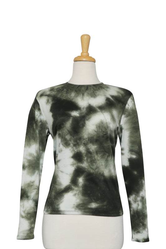 Plus Size Shades of Olive Tie Dye Thin French Terry Cotton Long Sleeve Top